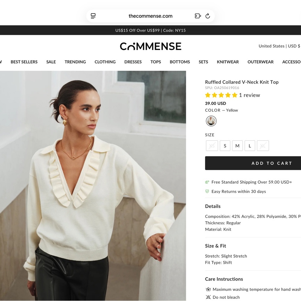 Commense V-Neck Sweater with Ruffled Collar - Cream